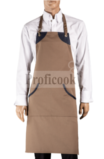 Bib apron with denim decoration, oblique pockets