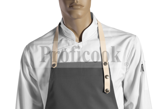 Bib apron + leather neck strap, fabric tie at the waist