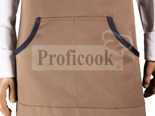 Bib apron with denim decoration, oblique pockets