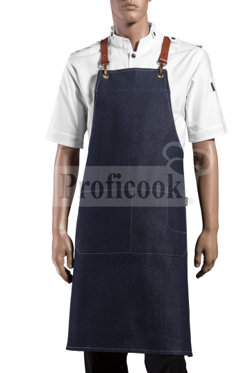 Denim apron with cross leather straps