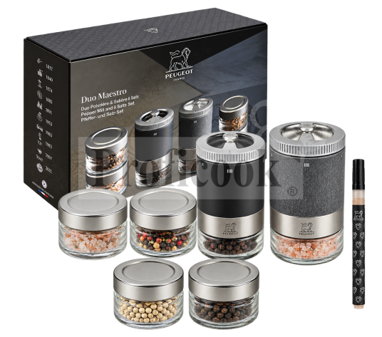 Maestro salt and pepper mill duo with 6 containers, spices, and a marker.