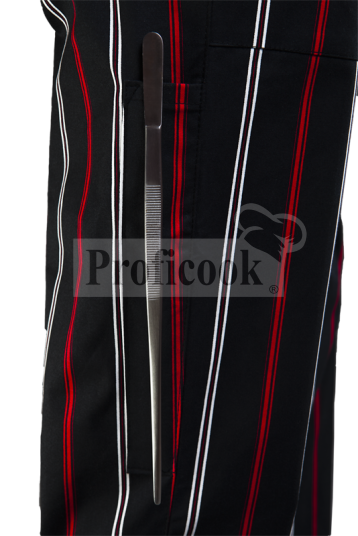 Black chef trousers with red and white stripes