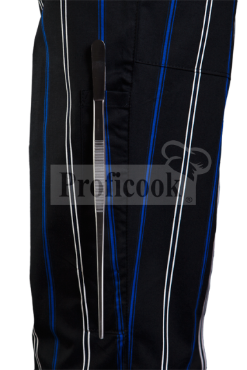 Black chef trousers with white and blue stripes