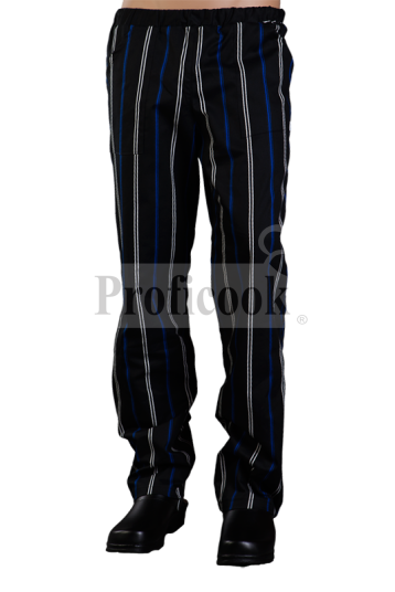 Black chef trousers with white and blue stripes