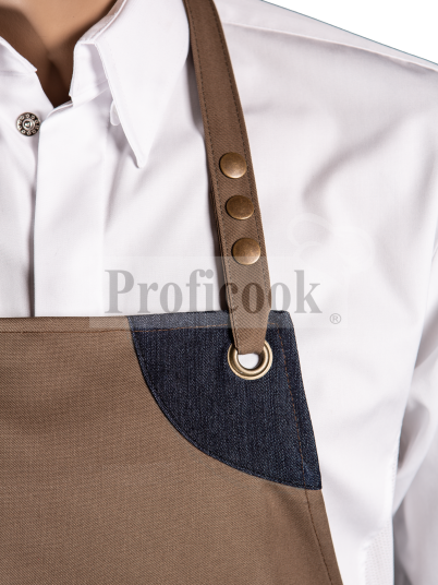 Bib apron with denim decoration, oblique pockets