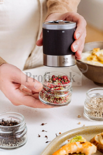 Maestro salt and pepper mill duo with 6 containers, spices, and a marker.
