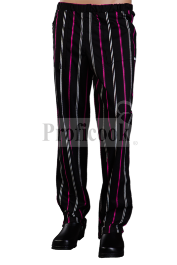 Black chef trousers with white and pink stripes