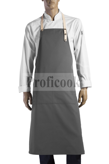 Bib apron + leather neck strap, fabric tie at the waist