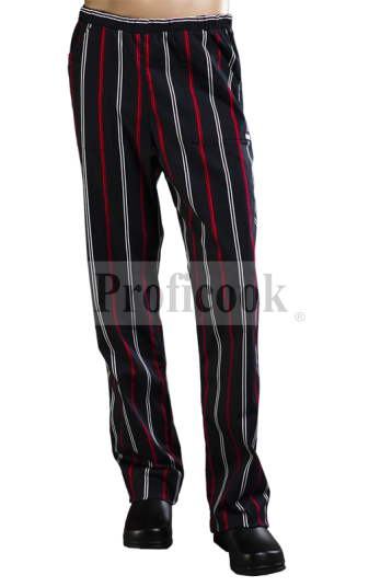 Black chef trousers with red and white stripes