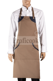 Bib apron with denim decoration, oblique pockets