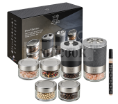 Maestro salt and pepper mill duo with 6 containers, spices, and a marker.