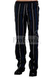 Black chef trousers with white and blue stripes