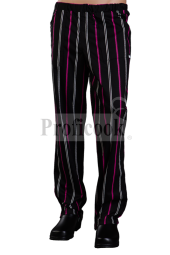 Black chef trousers with white and pink stripes