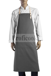Bib apron + leather neck strap, fabric tie at the waist