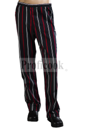 Black chef trousers with red and white stripes